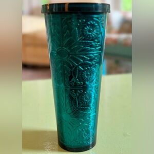Starbucks 2017 Cold Cup 24oz Tumbler Embossed Tin Teal Floral
